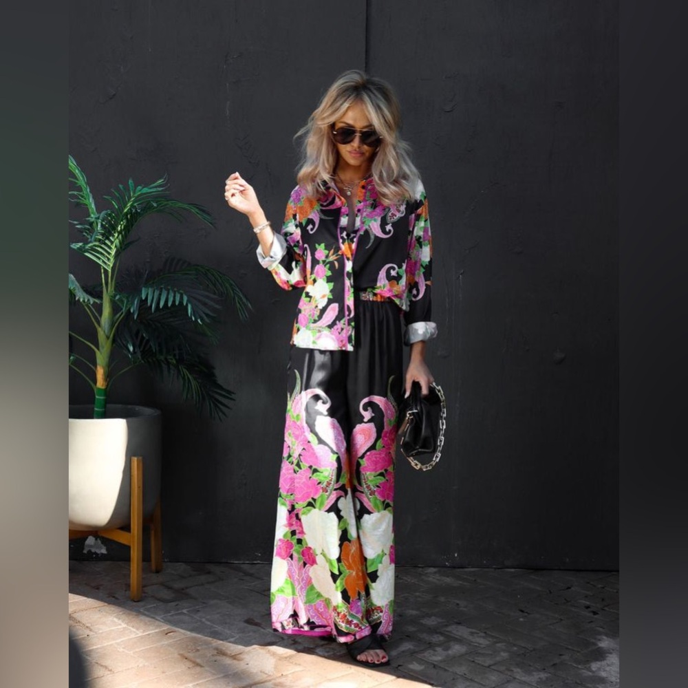 VICI Kyoto Nights Satin Floral Wide Leg Pants